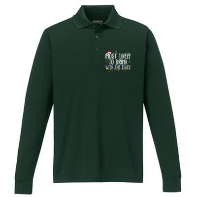 Most Likely To Drink With The Elves Funny Christmas Performance Long Sleeve Polo