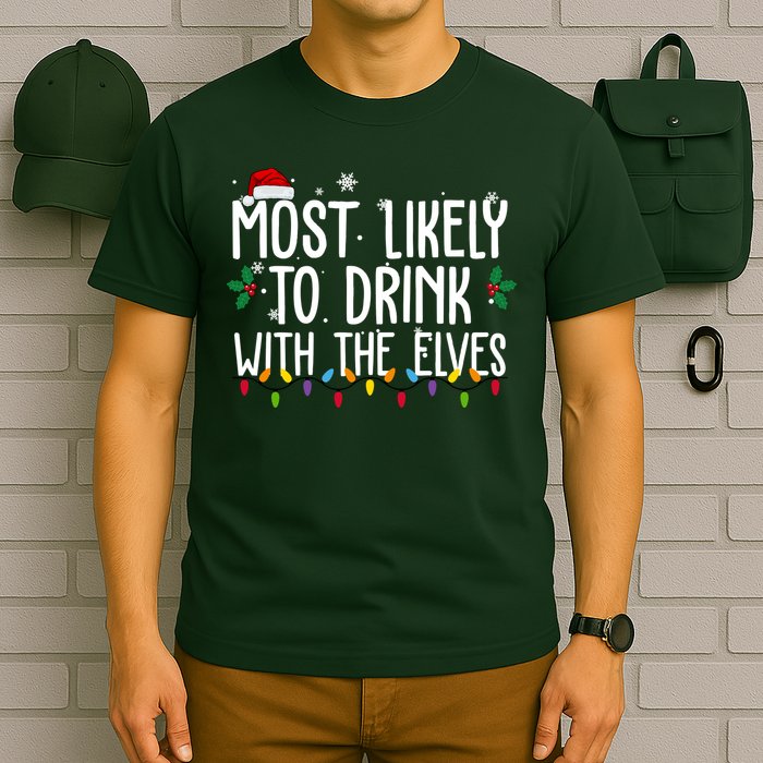 Most Likely To Drink With The Elves Funny Christmas T-Shirt