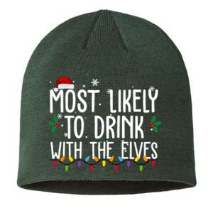 Most Likely To Drink With The Elves Funny Christmas Sustainable Beanie