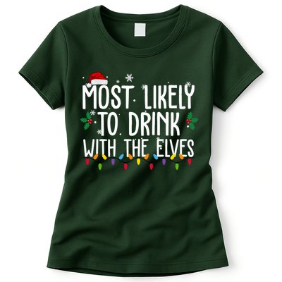 Most Likely To Drink With The Elves Funny Christmas Womens T-Shirt