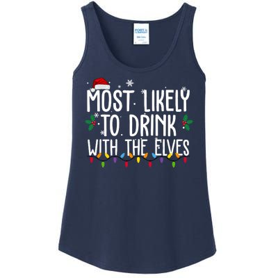 Most Likely To Drink With The Elves Funny Christmas Ladies Essential Tank