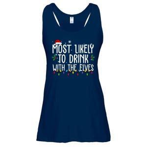 Most Likely To Drink With The Elves Funny Christmas Ladies Essential Flowy Tank