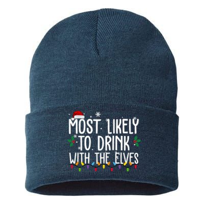 Most Likely To Drink With The Elves Funny Christmas Sustainable Knit Beanie