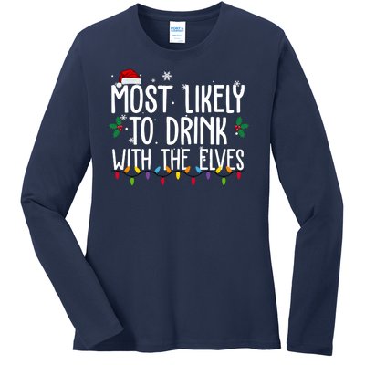 Most Likely To Drink With The Elves Funny Christmas Ladies Long Sleeve Shirt