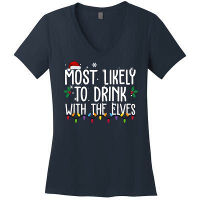 Most Likely To Drink With The Elves Funny Christmas Women's V-Neck T-Shirt