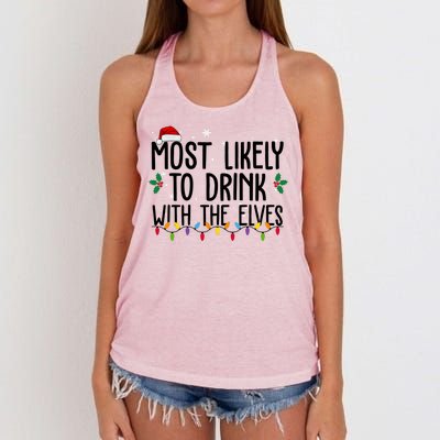 Most Likely To Drink With The Elves Funny Christmas Women's Knotted Racerback Tank