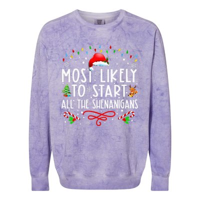 Most Likely To Start All The Shenanigans Family Xmas Holiday Colorblast Crewneck Sweatshirt