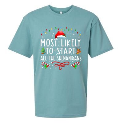 Most Likely To Start All The Shenanigans Family Xmas Holiday Sueded Cloud Jersey T-Shirt