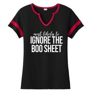 Most Likely To Ignore The Boo Sheet Halloween Funny Ladies Halftime Notch Neck Tee