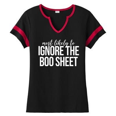 Most Likely To Ignore The Boo Sheet Halloween Funny Ladies Halftime Notch Neck Tee