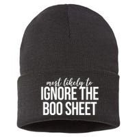 Most Likely To Ignore The Boo Sheet Halloween Funny Sustainable Knit Beanie