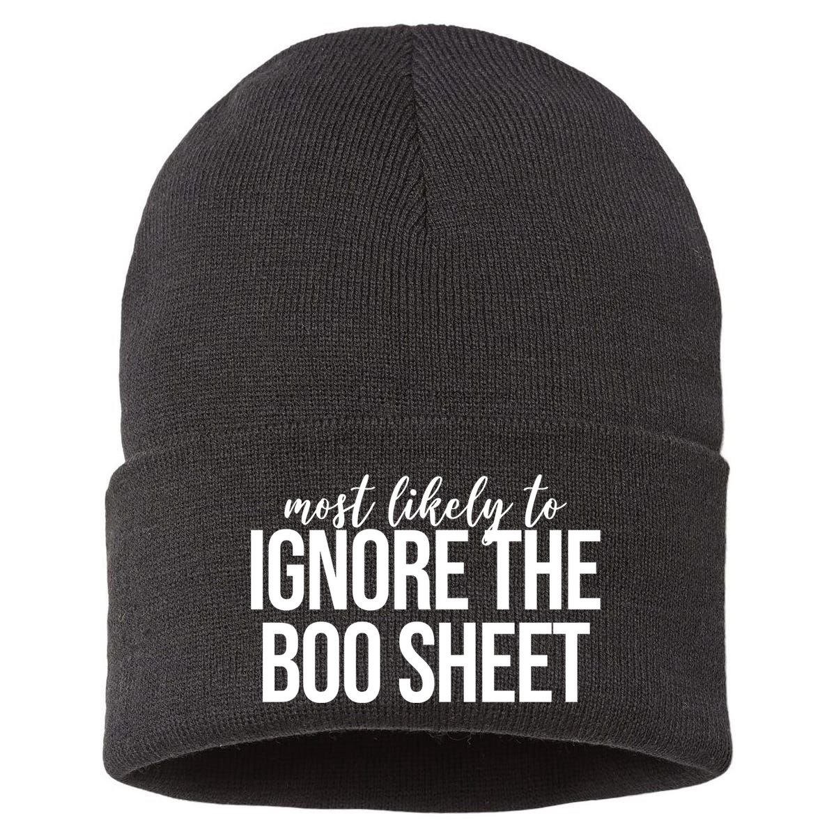 Most Likely To Ignore The Boo Sheet Halloween Funny Sustainable Knit Beanie