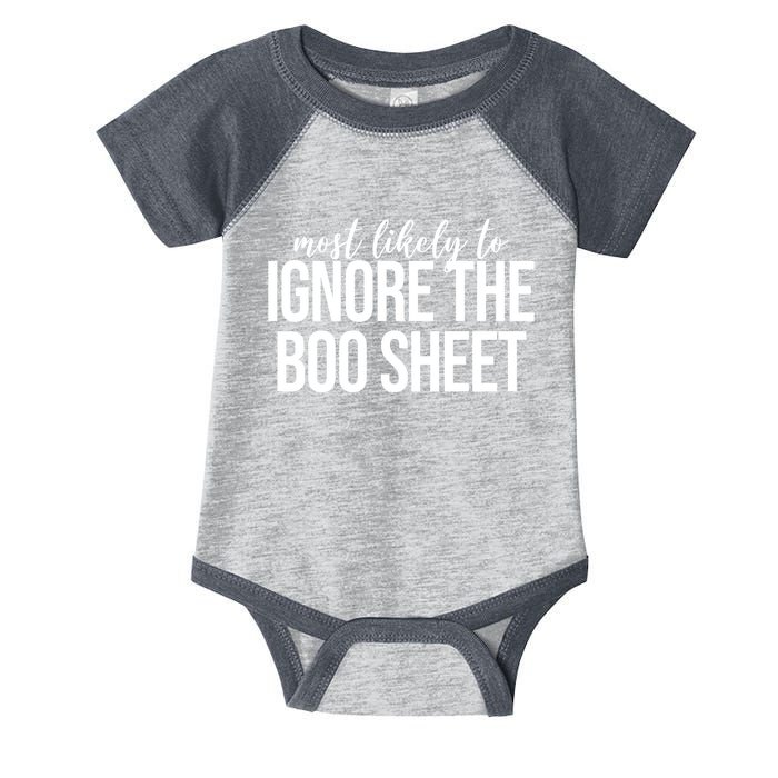 Most Likely To Ignore The Boo Sheet Halloween Funny Infant Baby Jersey Bodysuit