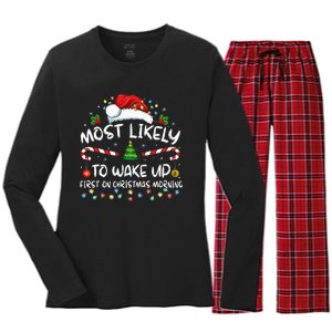 Most Likely To Wake Up First On Christmas Morning Xmas Light Women's Long Sleeve Flannel Pajama Set 