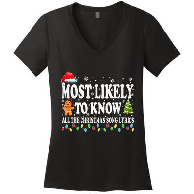 Most Likely To Christmas Know All The Christmas Song Lyrics Women's V-Neck T-Shirt