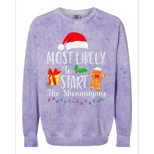 Most Likely To Start The Shenanigans Funny Family Christmas Colorblast Crewneck Sweatshirt