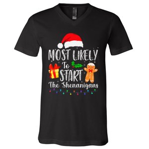 Most Likely To Start The Shenanigans Funny Family Christmas V-Neck T-Shirt