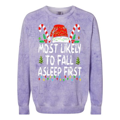 Most Likely To Fall Asleep First Funny Xmas Family Colorblast Crewneck Sweatshirt