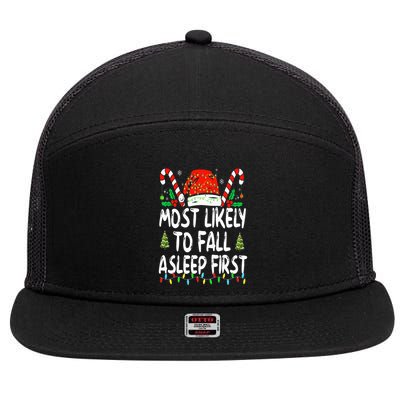Most Likely To Fall Asleep First Funny Xmas Family 7 Panel Mesh Trucker Snapback Hat
