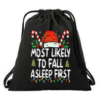 Most Likely To Fall Asleep First Funny Xmas Family Drawstring Bag
