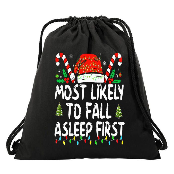 Most Likely To Fall Asleep First Funny Xmas Family Drawstring Bag