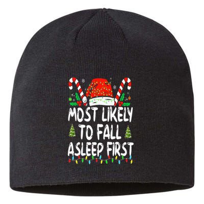 Most Likely To Fall Asleep First Funny Xmas Family Sustainable Beanie