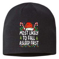 Most Likely To Fall Asleep First Funny Xmas Family Sustainable Beanie