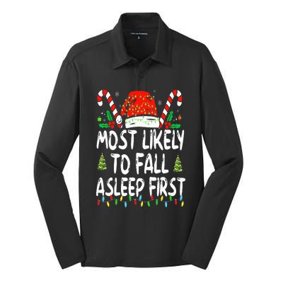 Most Likely To Fall Asleep First Funny Xmas Family Silk Touch Performance Long Sleeve Polo