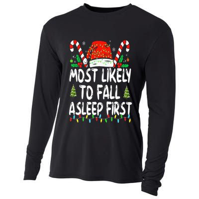 Most Likely To Fall Asleep First Funny Xmas Family Cooling Performance Long Sleeve Crew