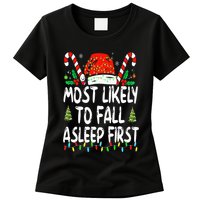 Most Likely To Fall Asleep First Funny Xmas Family Womens T-Shirt