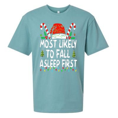 Most Likely To Fall Asleep First Funny Xmas Family Sueded Cloud Jersey T-Shirt