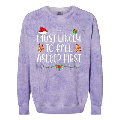 Most Likely To Fall Asleep First Funny Xmas Family Colorblast Crewneck Sweatshirt