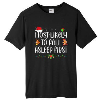 Most Likely To Fall Asleep First Funny Xmas Family Tall Fusion ChromaSoft Performance T-Shirt