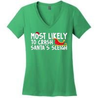 Most Likely To Crash Santas Sleigh Funny Christmas Women's V-Neck T-Shirt