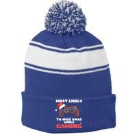 Most Likely To Miss Christmas While Gaming Xmas Family Cool Gift Stripe Pom Pom Beanie