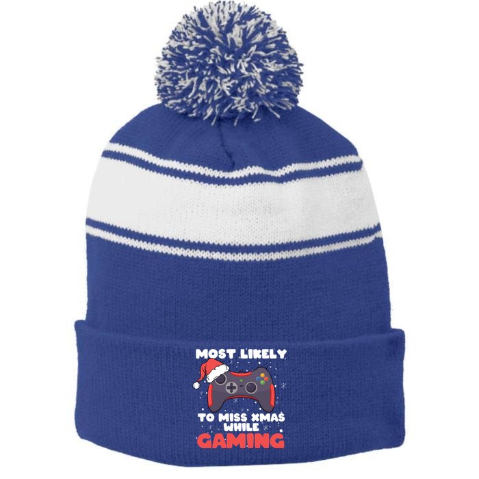 Most Likely To Miss Christmas While Gaming Xmas Family Cool Gift Stripe Pom Pom Beanie