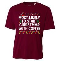 Most Likely To Start Christmas With Coffee Family Funny Joy Cooling Performance Crew T-Shirt