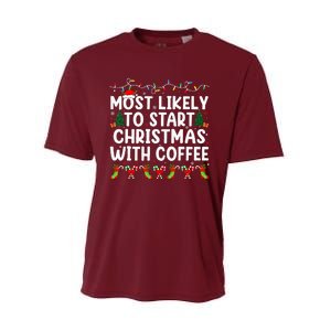 Most Likely To Start Christmas With Coffee Family Funny Joy Performance Sprint T-Shirt