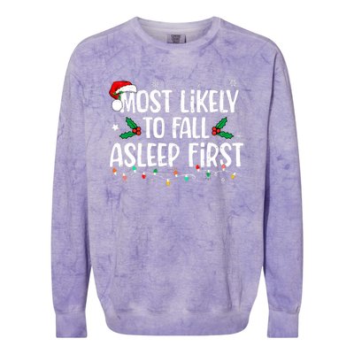 Most Likely To Fall Asleep First Funny Xmas Family Colorblast Crewneck Sweatshirt