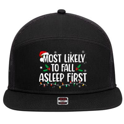 Most Likely To Fall Asleep First Funny Xmas Family 7 Panel Mesh Trucker Snapback Hat