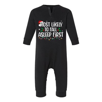 Most Likely To Fall Asleep First Funny Xmas Family Infant Fleece One Piece