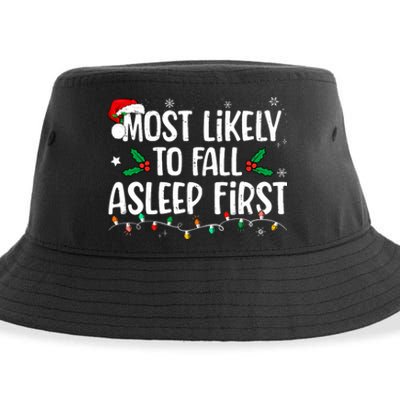 Most Likely To Fall Asleep First Funny Xmas Family Sustainable Bucket Hat