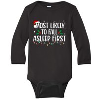 Most Likely To Fall Asleep First Funny Xmas Family Baby Long Sleeve Bodysuit