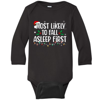 Most Likely To Fall Asleep First Funny Xmas Family Baby Long Sleeve Bodysuit