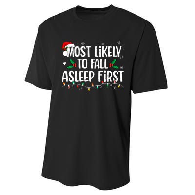 Most Likely To Fall Asleep First Funny Xmas Family Performance Sprint T-Shirt