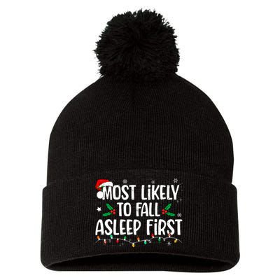 Most Likely To Fall Asleep First Funny Xmas Family Pom Pom 12in Knit Beanie