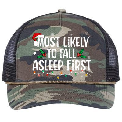 Most Likely To Fall Asleep First Funny Xmas Family Retro Rope Trucker Hat Cap