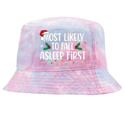 Most Likely To Fall Asleep First Funny Xmas Family Tie-Dyed Bucket Hat