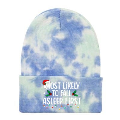 Most Likely To Fall Asleep First Funny Xmas Family Tie Dye 12in Knit Beanie