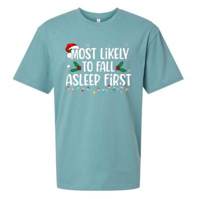 Most Likely To Fall Asleep First Funny Xmas Family Sueded Cloud Jersey T-Shirt